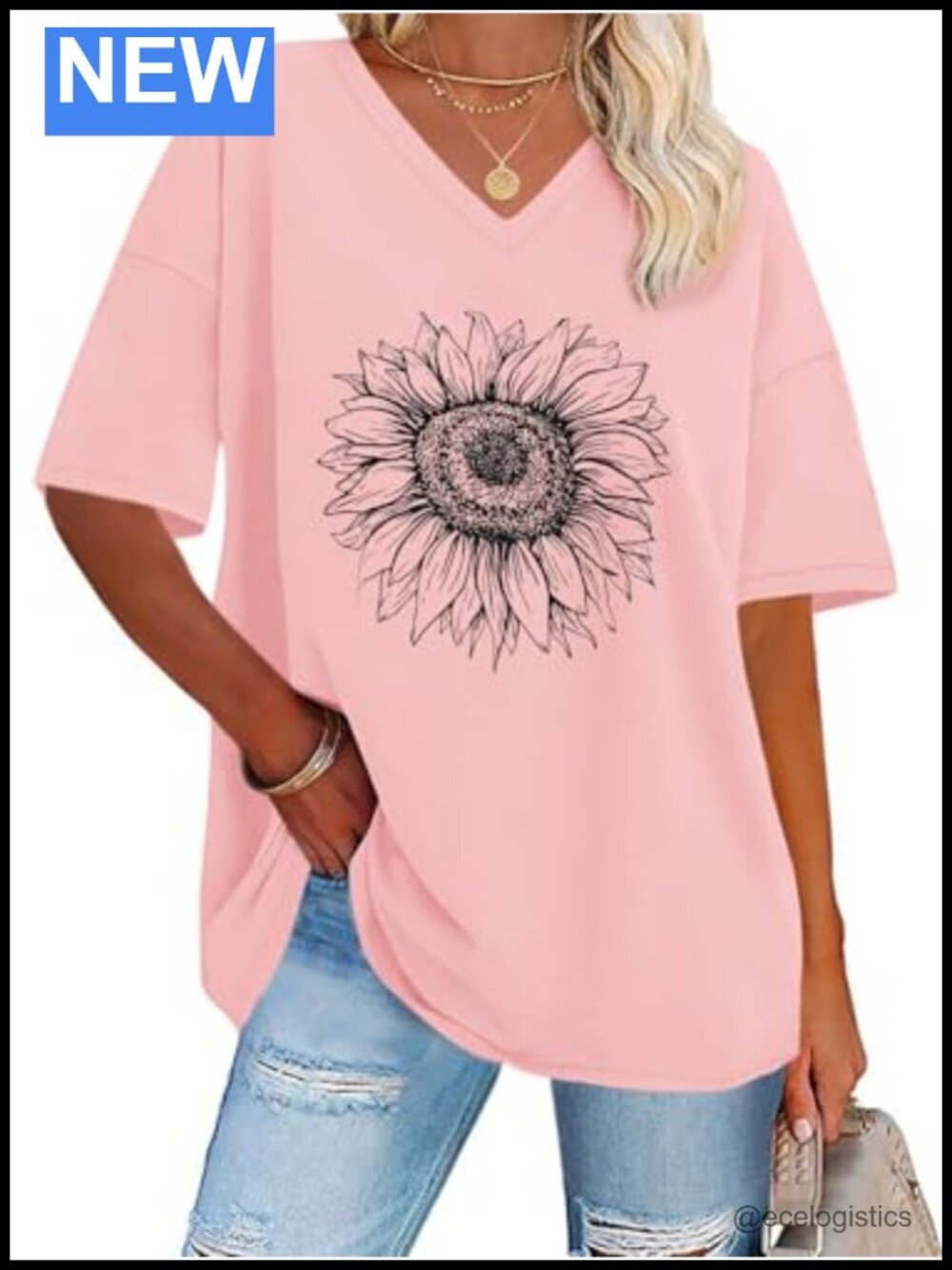 Oversized V-Neck Graphic Tee Short Sleeve Casual Summer Top